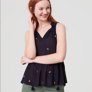 LOFT — Embroidered Tie Neck Peplum Shell